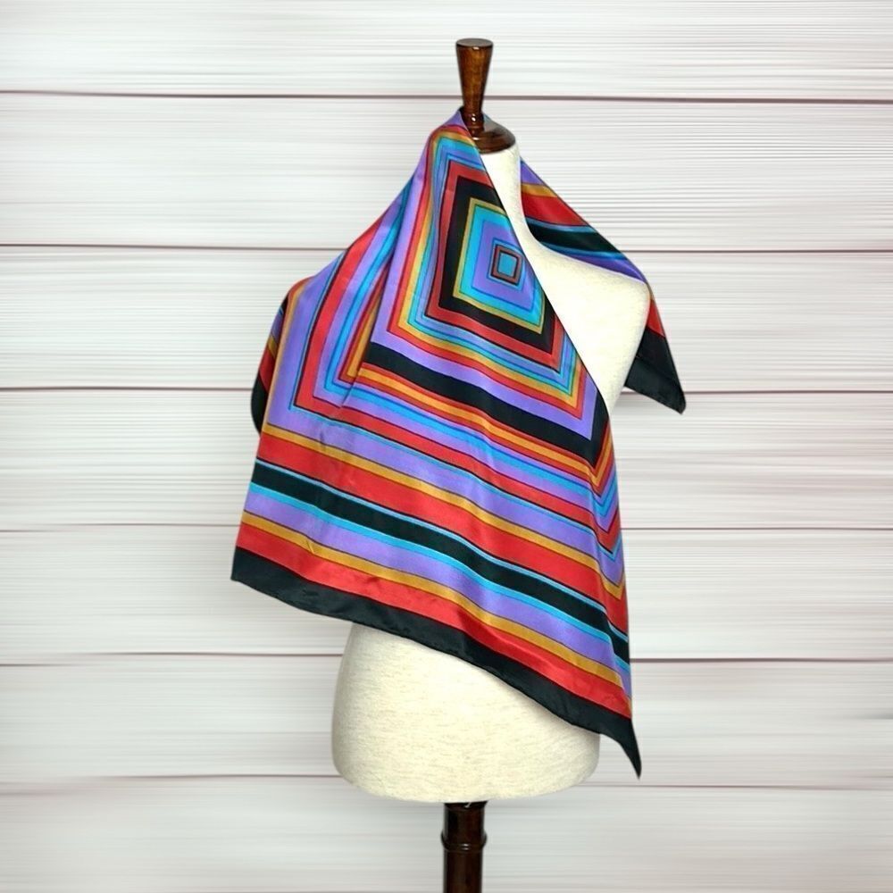 Baar & Beards Silk Square Scarf Colorful Striped Hand Rolled 30x30”